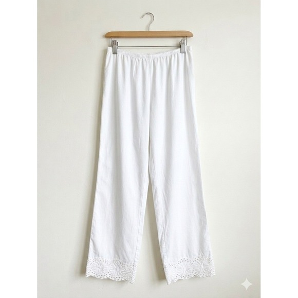 Sigrid Olsen Pants - Sigrid Olsen White Cotton Eyelet Lace Trim Wide Leg Pants Pull On Trousers